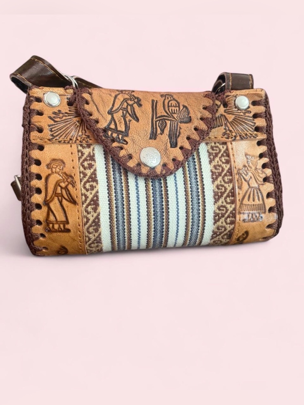 Peruvian Vintage Boho Brown & Cream Leather-Trim Crossbody Bag